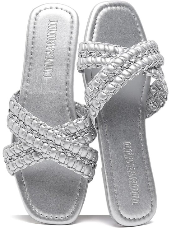 Shoes - Women's Silver Faux Leather Flat Sandals Comfortable Slip On Braided